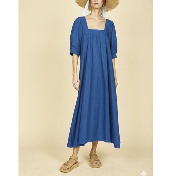HUNTER BELL Dresses & Skirts - Hunter Bell Waverly Maxi Dress Womens Blue Poplin Cotton Size L Puff Sleeves